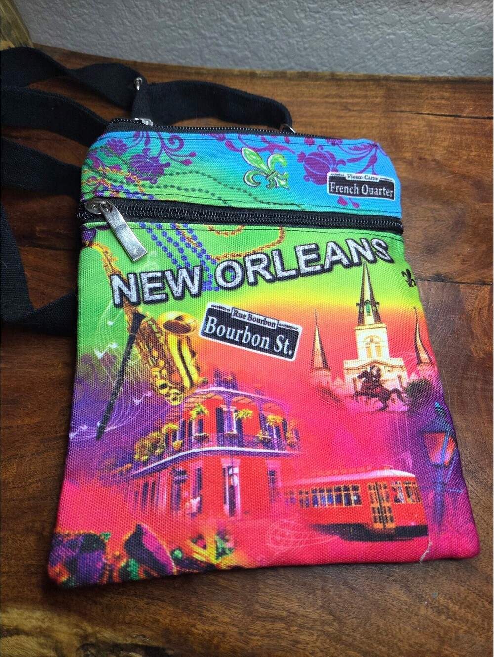 New Orleans Bourbon St. Colorful Crossbody Bag with Music and Cityscape Design